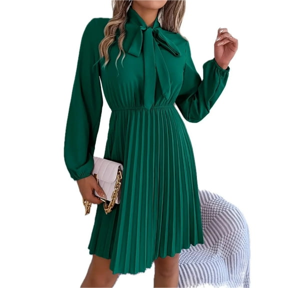 Women's Tie Neck Balloon Sleeve Pleated Dress 95% polyester 5% elastane Sheer Detail Opaque Stretch for everyday wear