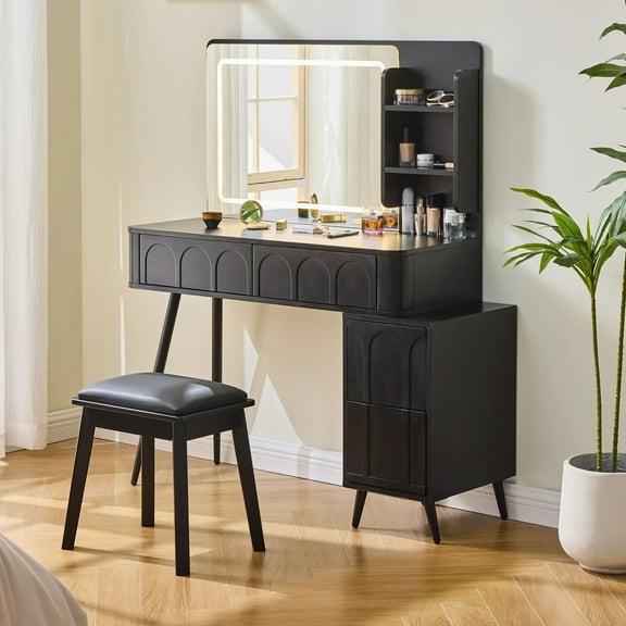 MODERNLUXE Makeup Vanity Desk with Mirror & Lights,Vanity Desk with 4 Drawers,3 Shelves and Stool,Dressing Table for Bedroom,Black