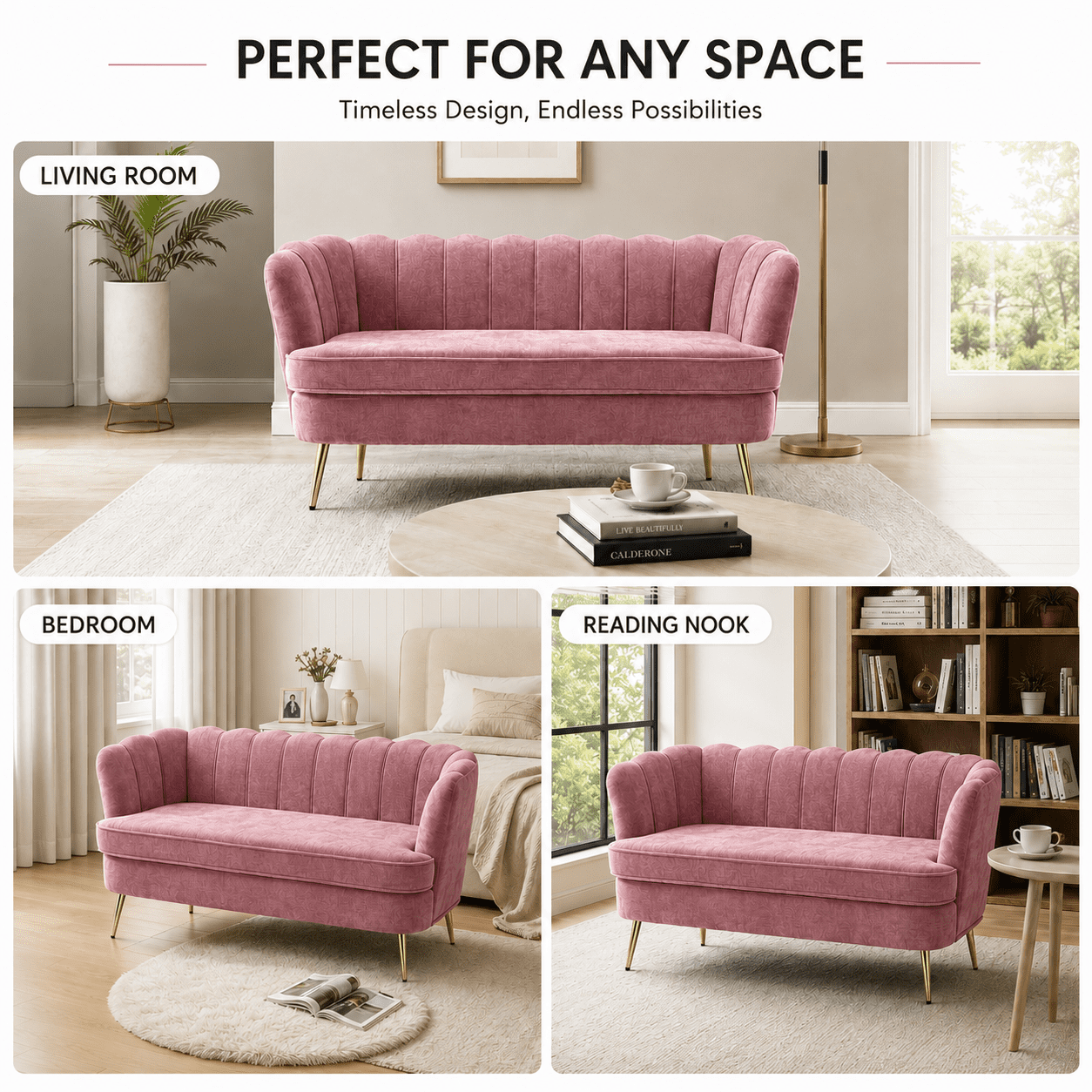 MOONMISS Chenille 2-Seater Loveseat with Gold Legs,Scallop-Tufted Curved-Back Sofa for the Living Room or Bedroom,Pink