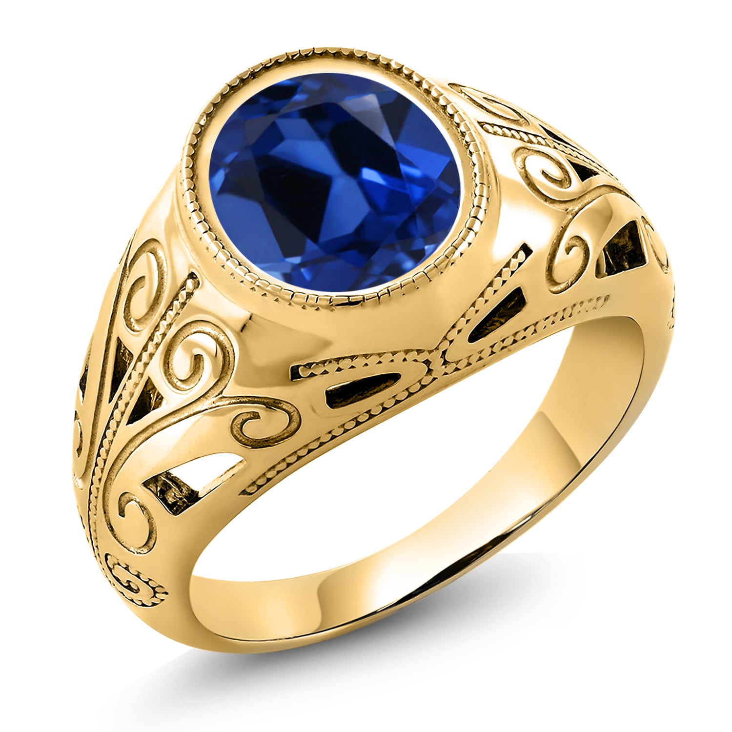 Gem Stone King 6.00 Cttw Oval 12X10MM Blue Created Sapphire 18K Yellow Gold Plated Silver Ring for Men | Available in Size 7, 8, 9, 10, 11, 12, 13
