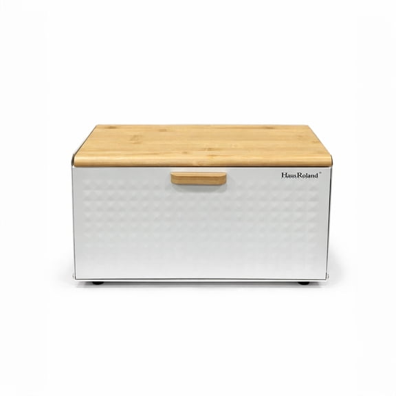 HausRoland Metal Bread Box 14x9.25x8.3" (35.5x23.5x21 cm) Countertop Bread Bin Bread Storage Container for Bakery Storage Bin Food Keeper Pastry Box with Opening Wooden Top, White