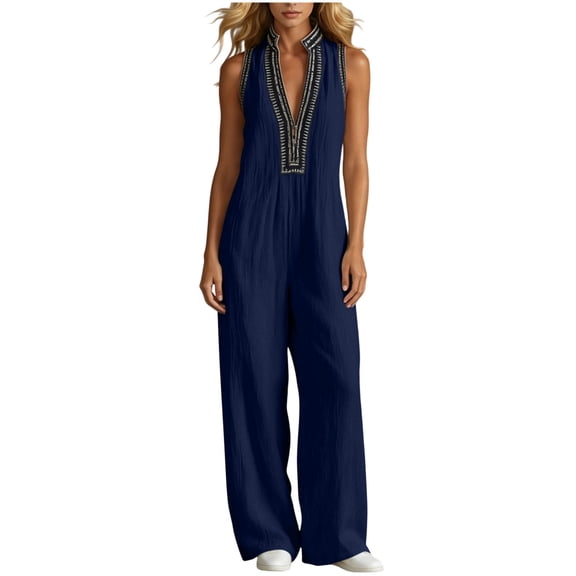 Boho Embroidered Stand Collar Linen Jumpsuit for Women Dressy Zip Up Loose Sleeveless One Piece Romper Wide Leg Pants