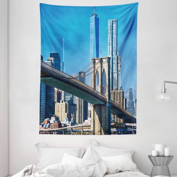 United States Tapestry, Lower Manhattan Skyline Brooklyn Bridge in New York City Famous Landmark, Wall Hanging for Bedroom Living Room Dorm Decor, 60W X 80L Inches, Light Blue Tan, by Ambesonne