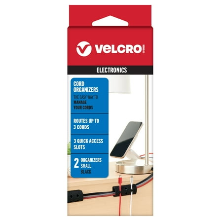 VELCRO Brand Cord Organizer for Desk Cable Management, Nightstand Organization, Unique Dual Function Holds Wires for Easy Access, Route to Hide, Small 2pk Black