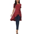 thumbnail image 2 of INSPIRE CHIC Women's Short Sleeve High Low Hem Tops Round Neck Tie Waist Asymmetrical Irregular Hem Blouse S Wine Red, 2 of 6