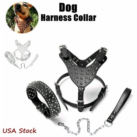 Leather Dog Harness Collar Leash Set Spiked Studded Terrier