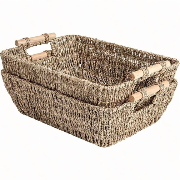 HandWoven Large Storage Baskets with Wooden Handles Seagrass Wicker Baskets for Organizing 2Pack