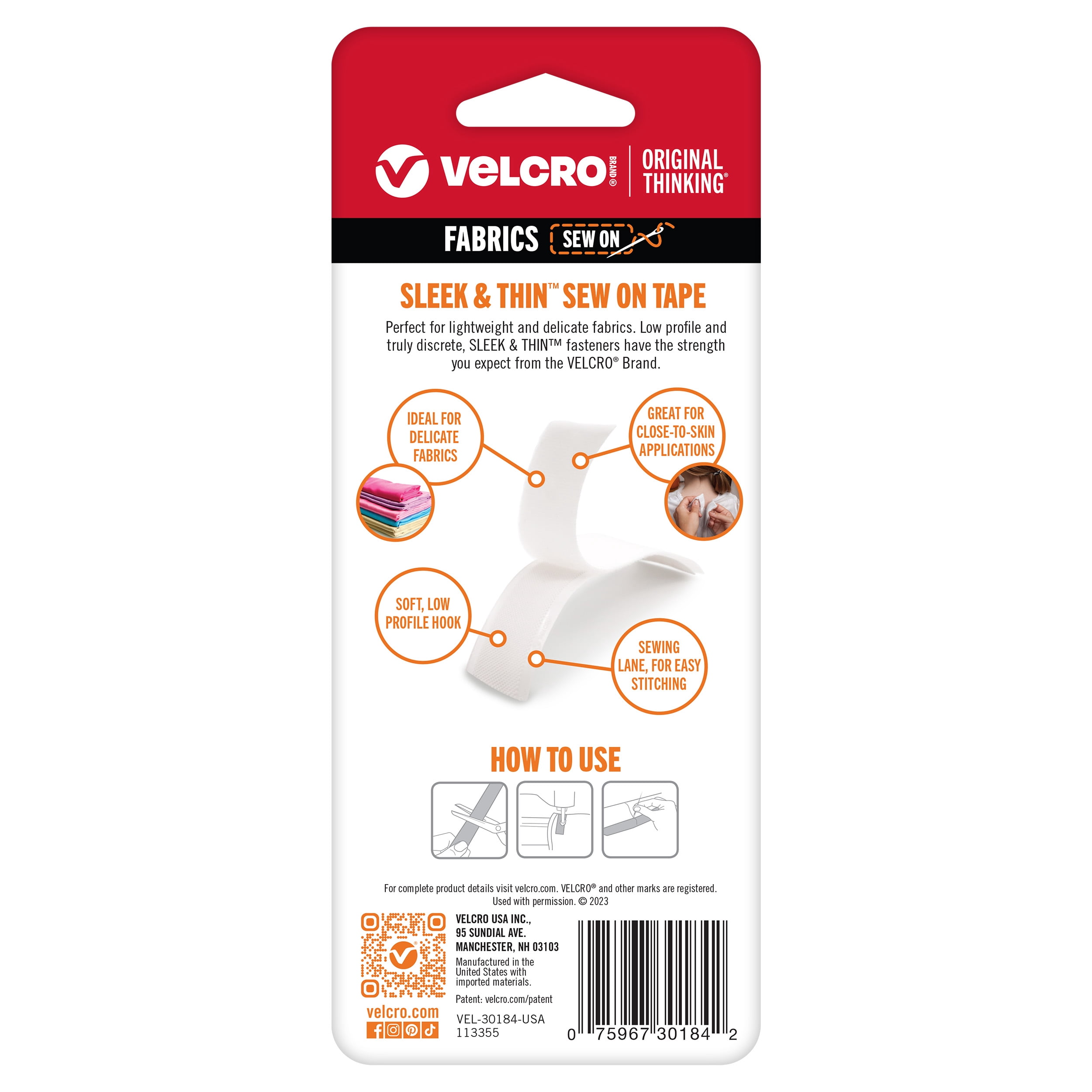 VELCRO Brand SLEEK & THIN™ - Sew on Hook & Loop Fastener for Fabrics | 3ft x 3/4in size Tape, White | Soft on Skin Ultra Light with Sewing Lane Technology