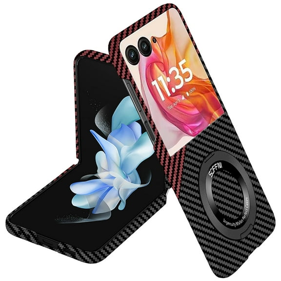 Allytechgroup Shockproof Carbon Fiber Motorola Razr Plus 2024 Case Cover with Ring Holder and Kickstand, Magnetic Back Cover Drop Protective Phone Case for Moto Razr Plus 2024, Blackred