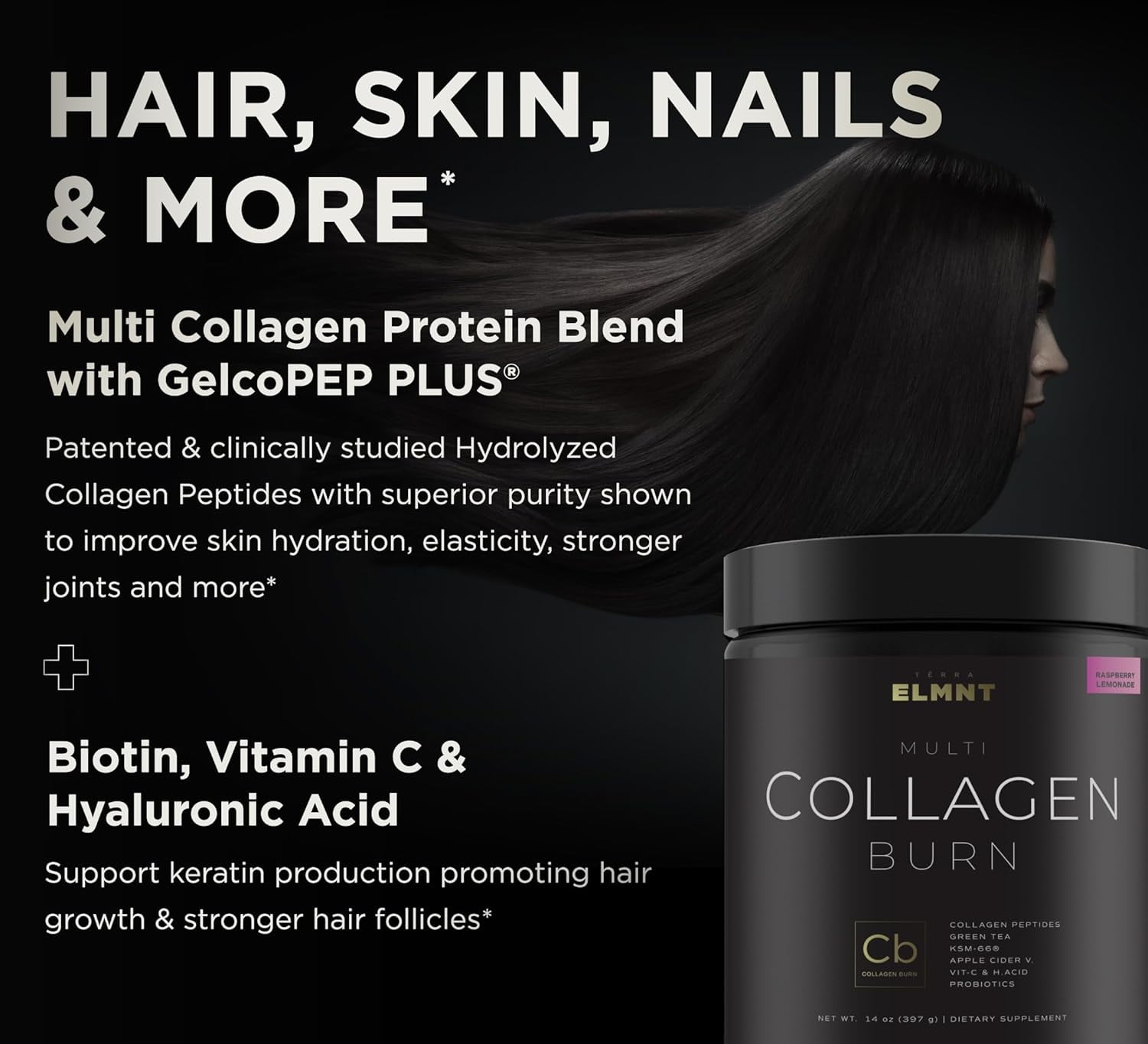 ELMNT Super Collagen Burn - Multi Collagen Peptides Powder for Women w. Apple C Vinegar (Razz Lemonade)