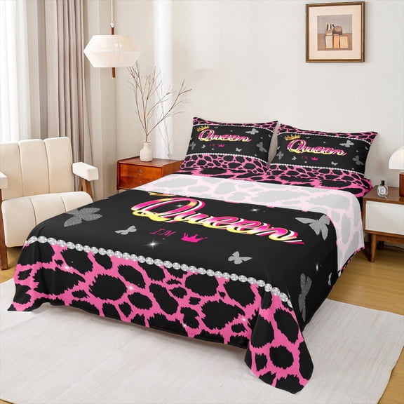 Castle Fairy Teens Queen Crown Twin Sheet Sets 3pcs,Bling Butterflies Cheetah Print Twin Fitted Sheet Microfiber,Black Pink Breathable Flat Sheet,Breathable Home Decor