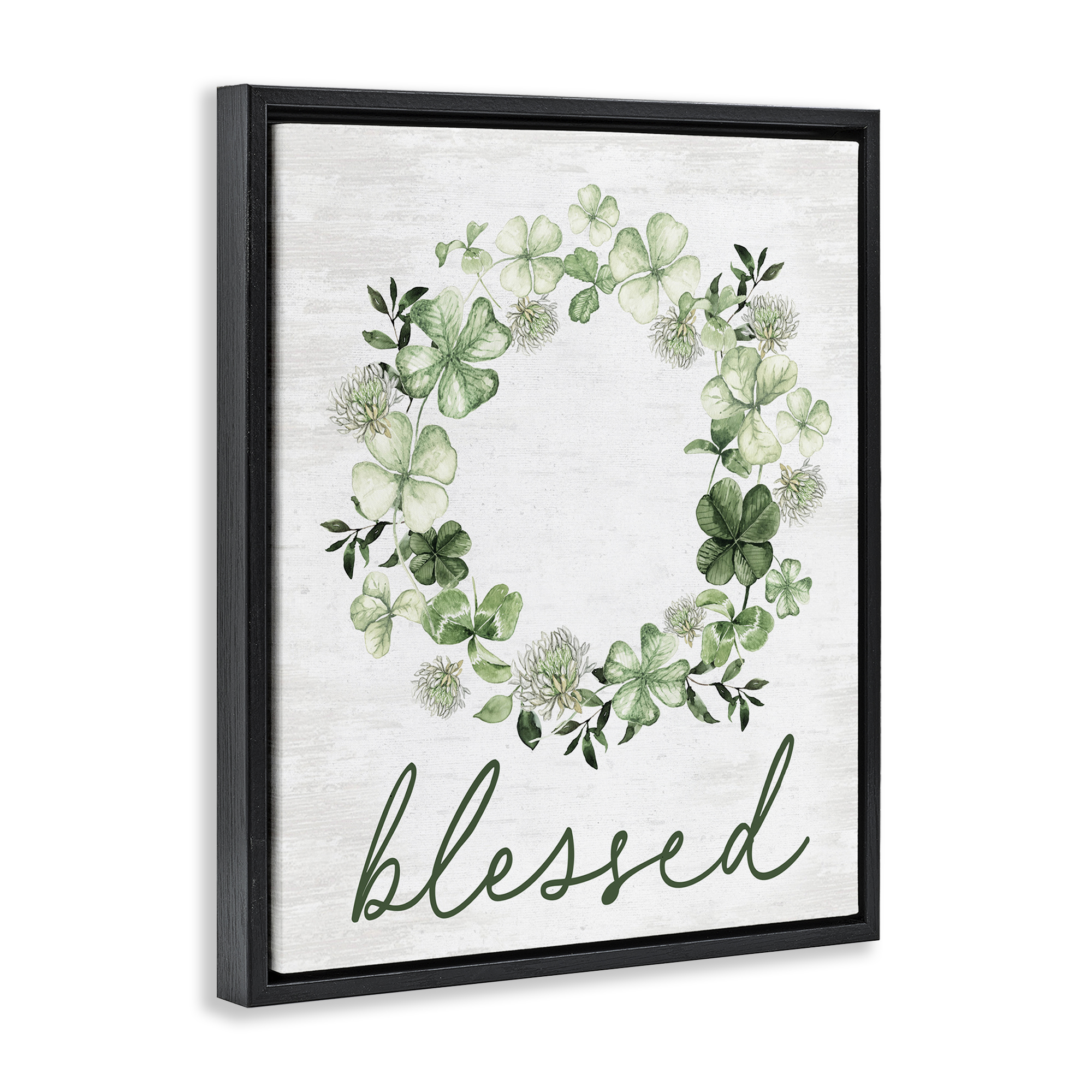 Stupell Industries Blessed Clover Wreath Botanical & Floral Painting Black Floater Framed Canvas Art Print Wall Art, 25 x 31
