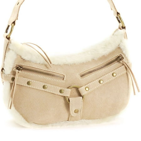 Sueded Handbag with Faux-Fur Trim