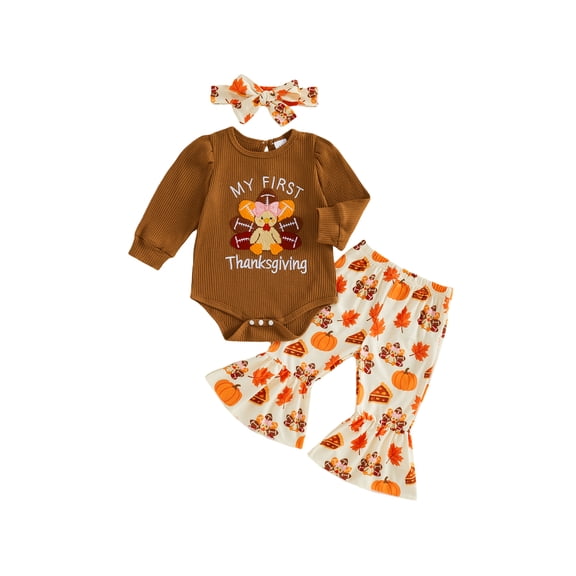 RUINIXCW Baby Girls Thanksgiving Outfits Turkey Embroidery Long Sleeves Romper and Prints Flared Pants Headband Set