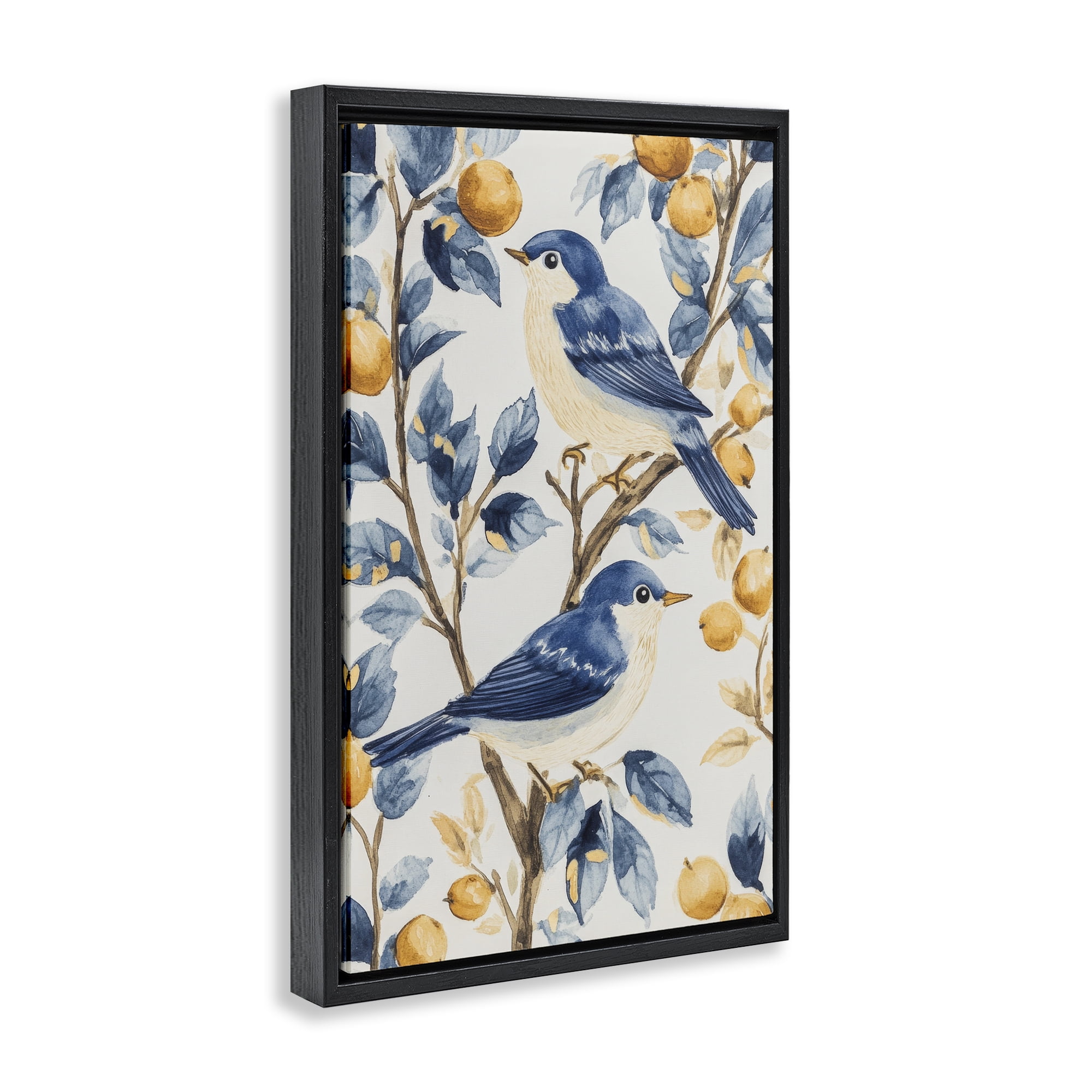 Stupell Industries Sweet Blue Birds on Lemon Branch Black Framed Floater Canvas Wall Art, design by Petal Prints Design