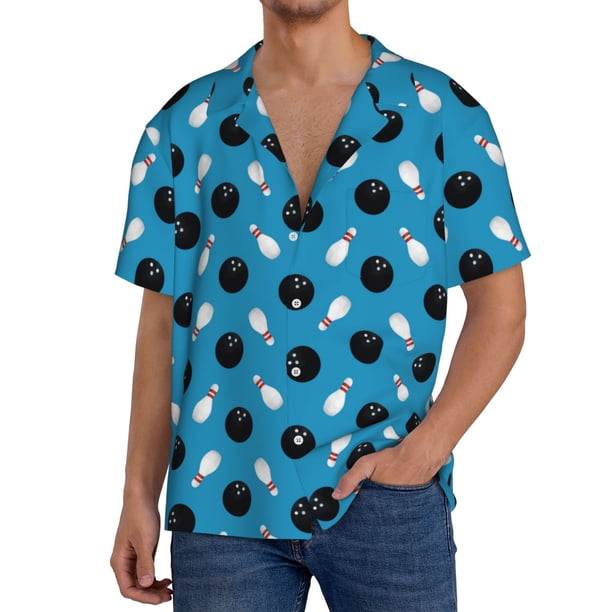 Fotbe Bowling Balls Camisa Estampada de Manga Corta para Hombre, Casual de Verano, Estilo Playero, Sin Arrugas-Large