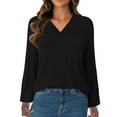 thumbnail image 4 of safuny V Neck Long Sleeve Shirts for Women Casual Fall Tops Lightweight Tunic Sweaters Fashion Solid Color Clothes Black _s XXL, 4 of 5