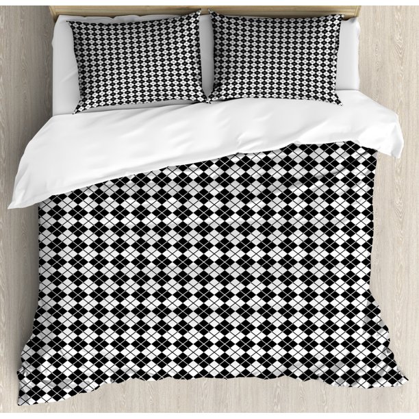 Plaid King Size Duvet Cover Set, Modern Graphic Argyle Pattern in Black