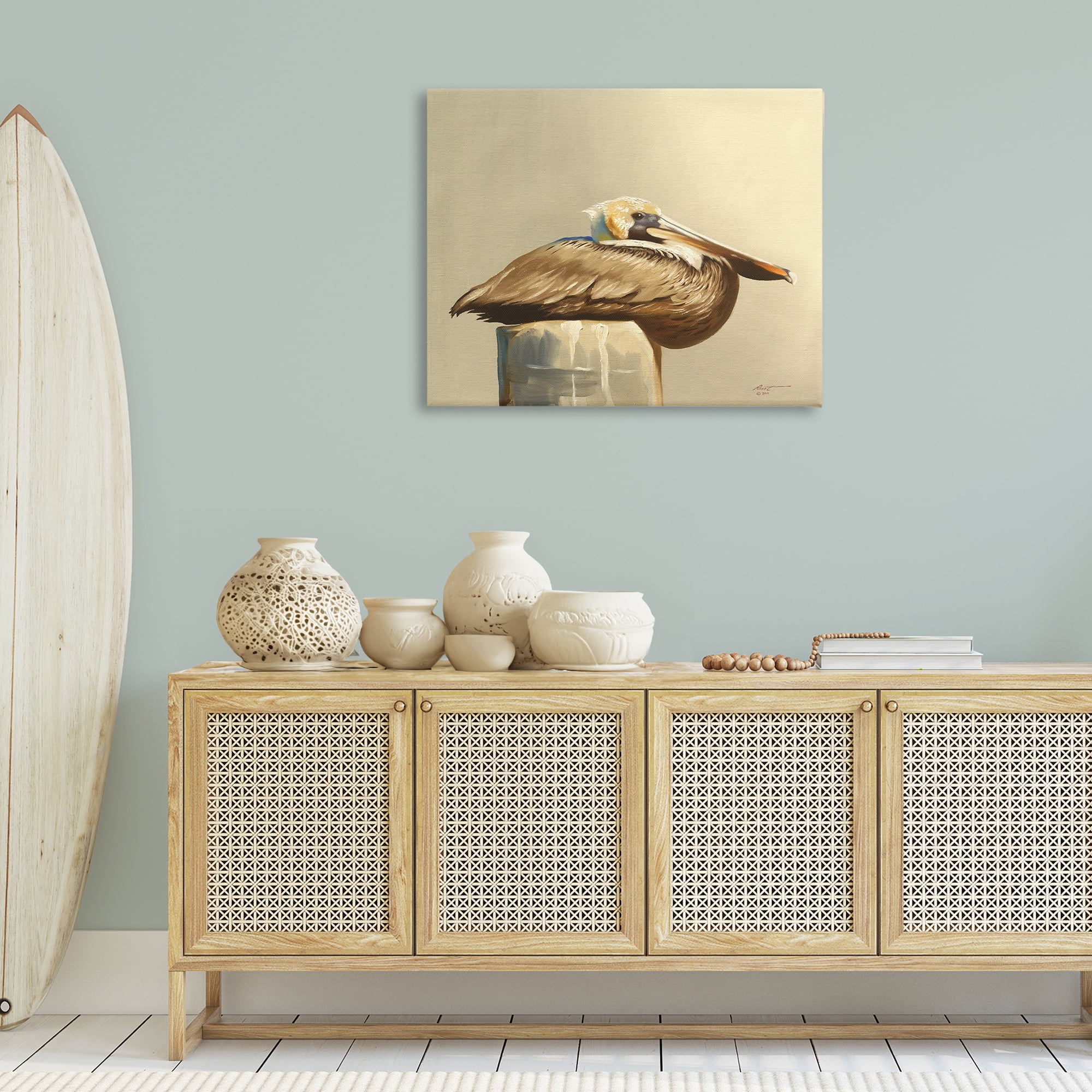 Stupell Industries Pelican Resting on Dock Animals & Insects Painting Gallery Wrapped Canvas Art Print Wall Art, 40 x 30