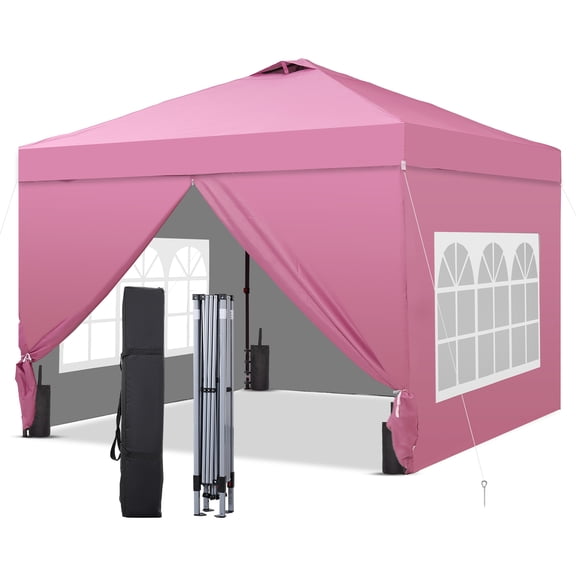 Outdoor Basic 10'x10' Easy Set-up Camping Canopy, Pop-up Canopy Tent with 4 Piece Sidewalls, Pink.