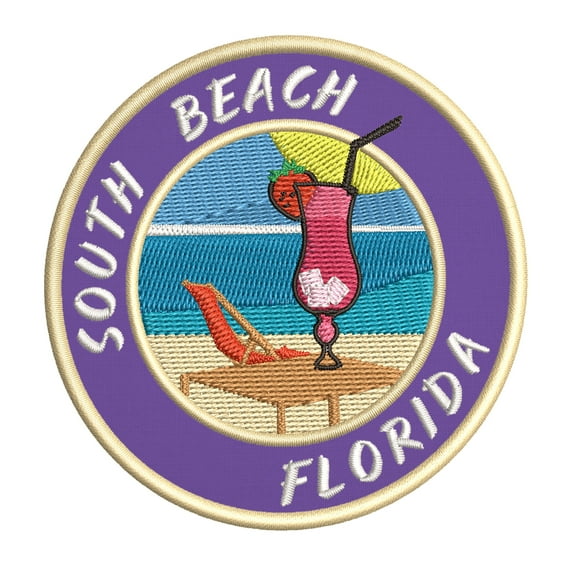 Happy Hour! At South Beach, Florida USA 3.5 Inch Iron Or Sew On Embroidered Fabric Badge Patch Ocean Beach, Salt Life Iconic Series