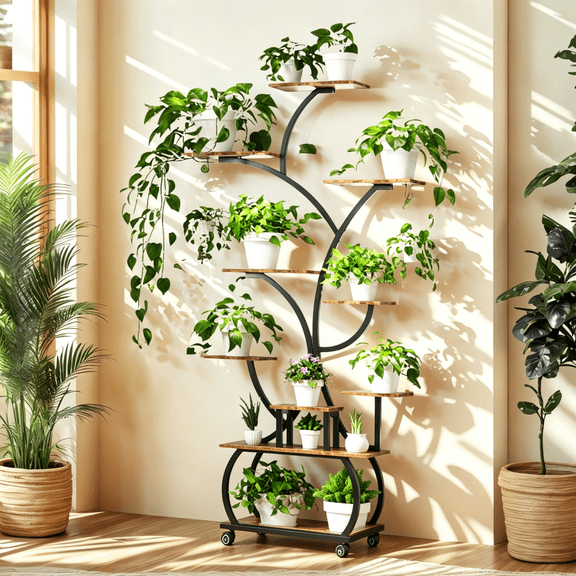 Ktaxon Freestanding Plant Stand 9-Tier Storage Shelves, Flower Stand Holder Rack for Indoor & Outdoor, Metal Frame with Growing Light