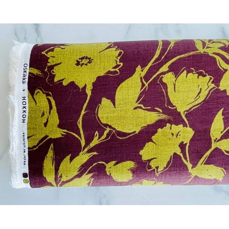Hokkoh - Japanese Fabric - Floral Fabric - Purple Eggplant - Olive - 100% Linen - 7023-735