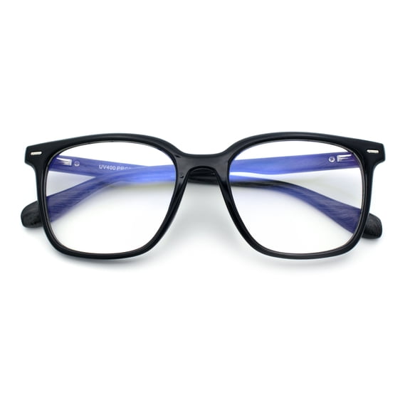 Spring Hinge Woodbuff Arm Studious Horn Rim Plastic Blue Light Filter Eyeglasses Black Grey Wood Grain