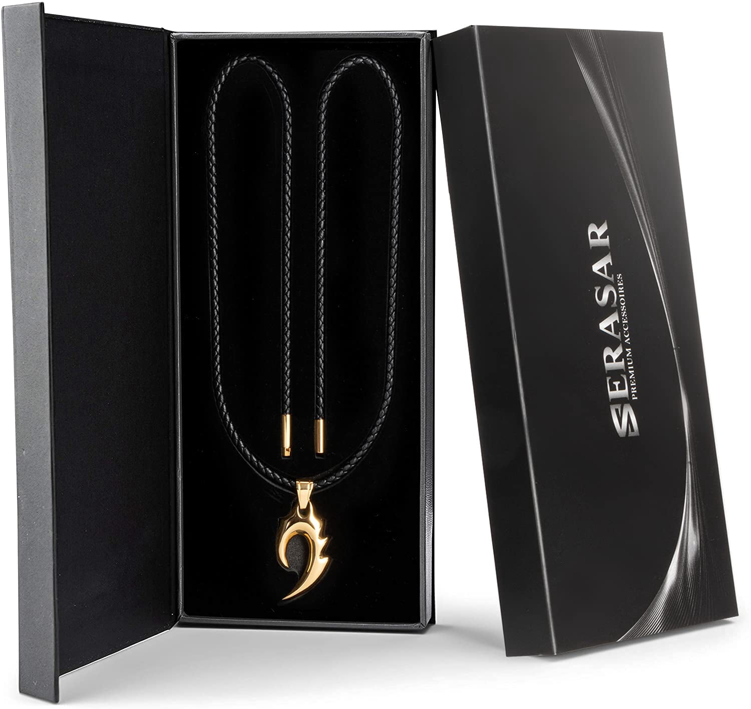 SERASAR Men's Leather necklace "Flame" with Stainless steel Pendant and Magnetic Closure, Gold 50cm, incliding Gift box
