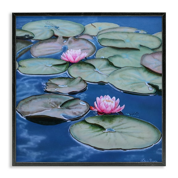 Stupell Industries Blue Pond Lily Reflection Landscape & Nature Painting Black Framed Art Print Wall Art, 12 x 12