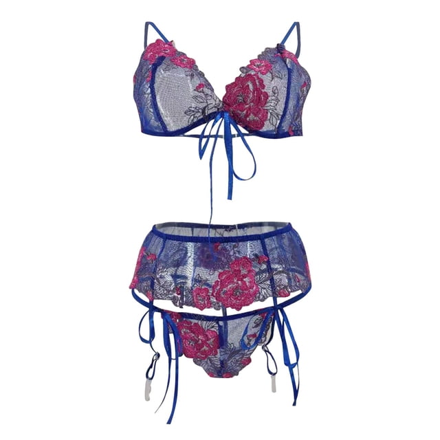 Gibobby Ropa interior mujer Conjunto de sujetadores sexy súper push-up para mujer, lencería transparente, brasier de encaje y bragas a juego para mujer(Azul, 3XG)