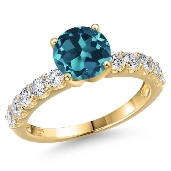 Gem Stone King 14K Yellow Gold London Blue Topaz and Lab Grown Diamond Engagement Ring for Women | 2.35 Cttw | Round 7MM | Gemstone November Birthstone | Size 6