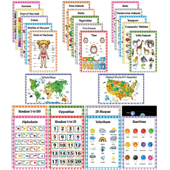 Traceease Educational Poster For Elementary School, Pack Of 25 Laminated Kids Learning Posters USA & World Maps- Solar System- Math & more - Great for Classroom/ HomeSchool- Room Dcor-2M