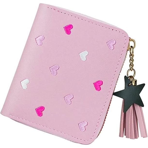 Cartera de mujer linda con corazón bordado (rosa claro) con dije de estrella Cartera de cuero de PU con ranuras para tarjetas y compartimentos Tarjetero para mujer Cartera de color sólido con cremall