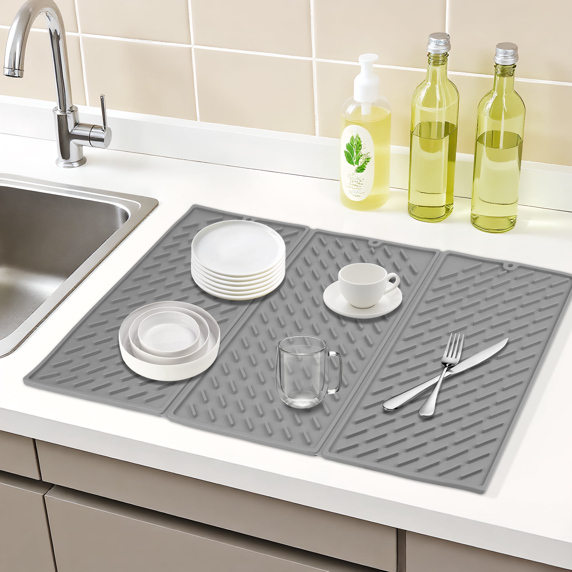 Unique Bargains Heat Resistant Silicone Fits Under Dish Rack Dish Drying Mat Gray