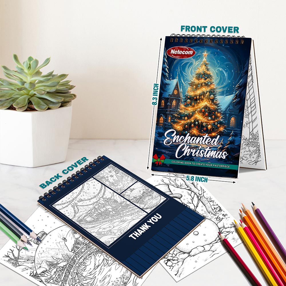 Netecom Enchanted Christmas Coloring Book Spiral Bound for Adults, A5 Wooden Cover, 30 Beautiful Coloring Pages of Mesmerized Christmas Scenes for Stress Relief and Relaxation