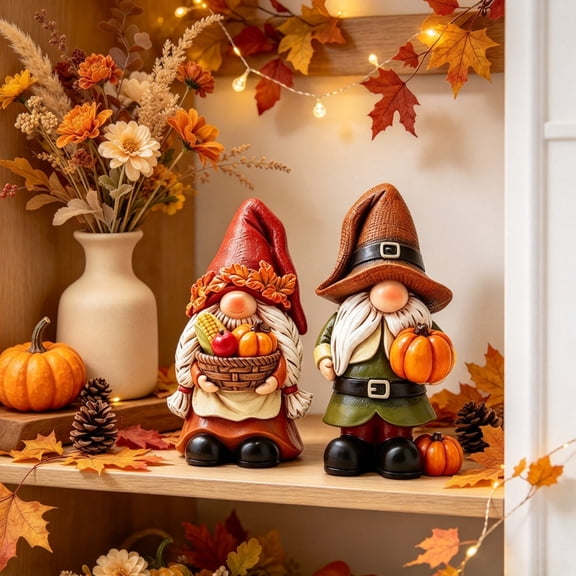 2 Pcs Wood Fall Gnome Figurines Thanksgiving Harvest Tabletop Decor with Pumpkin Basket & Corn, 3.94 in