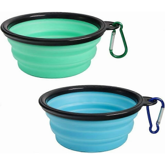 Foldable dog bowl - 2 pack - BPA free small dog travel water - easy to carry, portable light blue and light green (350ml)