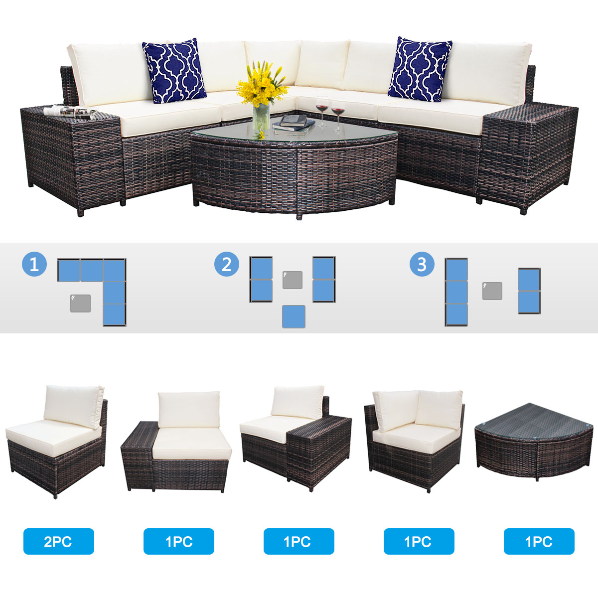 Patiojoy 6-Piece Outdoor Rattan Conversation Set Sectional Sofa Set with Arc-Shaped Table White - image 4 of 6