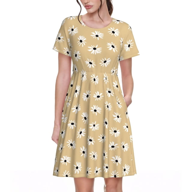 Fotbe Daisies Flowers Vestido Largo de Moda para Mujer, Vestido Tipo Camiseta con Manga Corta y Estilo Casual a Rayas y Bloques de Color