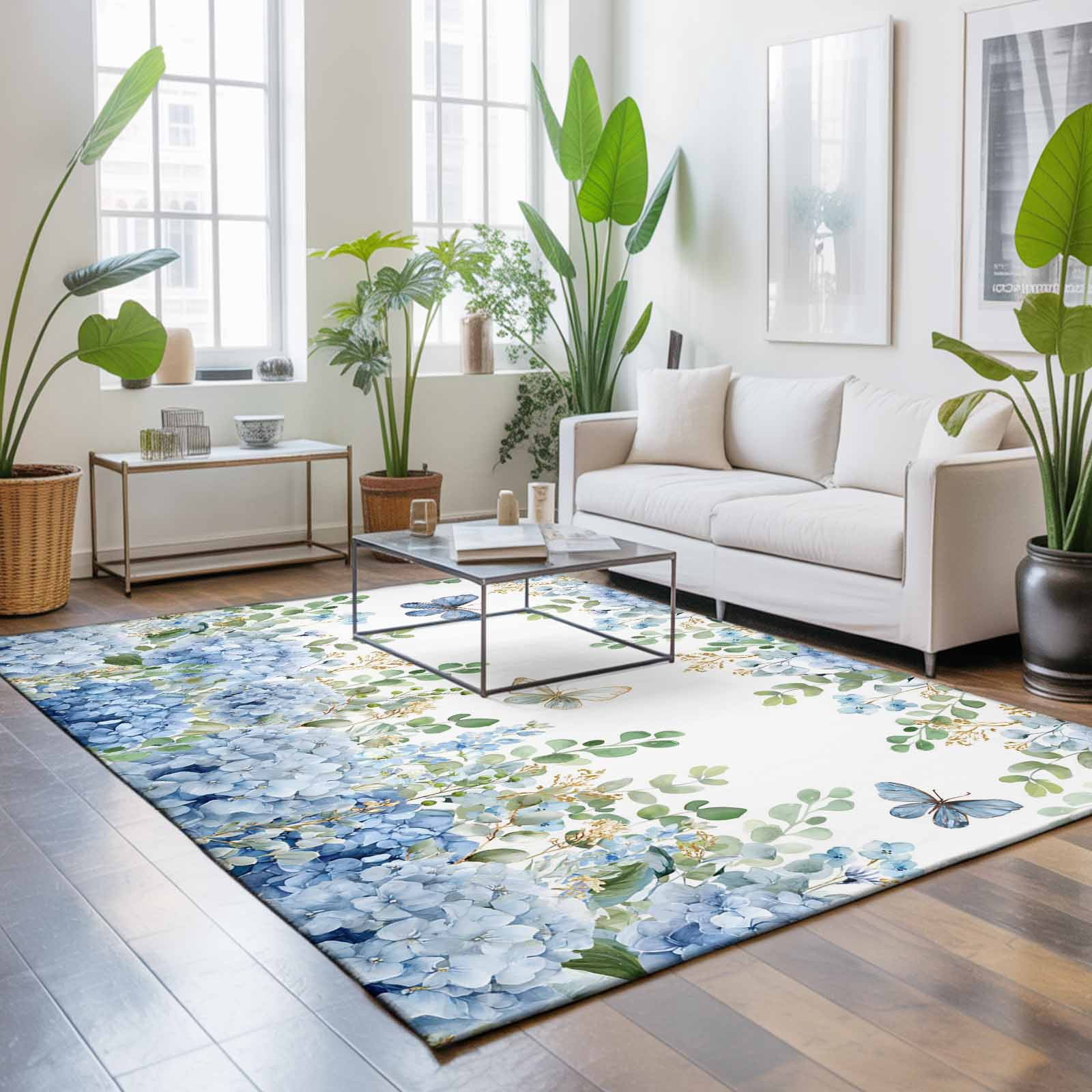 6x9 Area Rugs for Living Room, Blue Hydrangea Non Slip Area Rugs for Kitchen Bedroom Entryway, Spring Summer Eucalyptus Leaves Butterfly Washable Carpet Runner Rug Floor Mats for Bedroom Home Decor