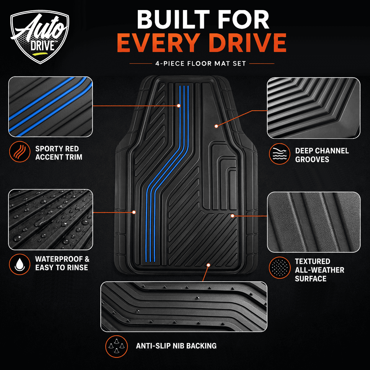 Auto Drive Rubber Car Floor Mats, Decorative Insert Trim Floor Mats Set, All Weather Automotive Floor Mats, Easy-Clean, Anti-Slip Backing for Cars, SUVs, Trucks, and Vans 3 Piece Blue