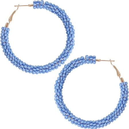 Beaded Hoop Earrings for Women - Statement Loops Big Hoops Bohemian Circle Post Studs Round Drop Dangles by Humble Chic NY, Periwinkle Hoops, Light Blue, Pale Purple, Gold-Tone