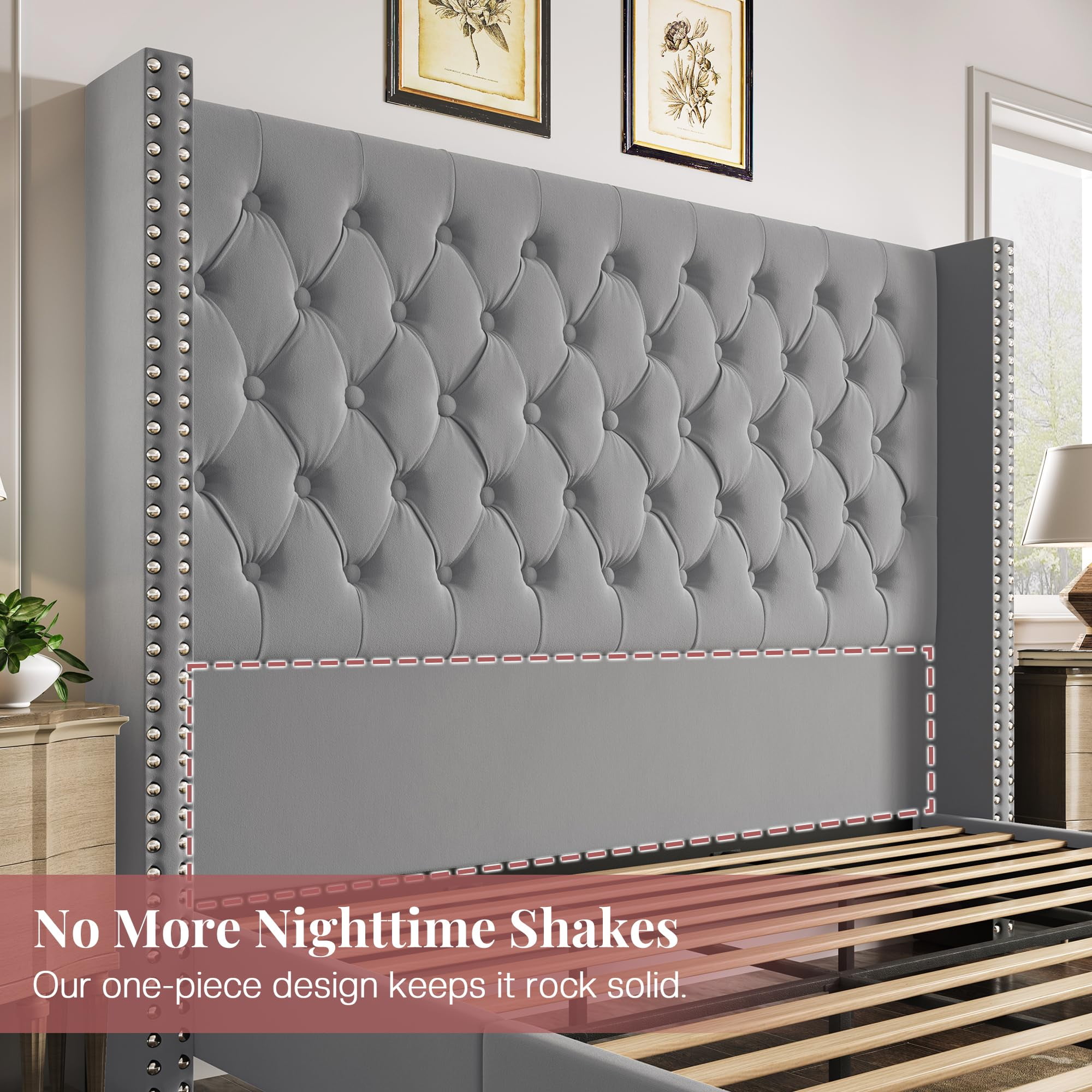 VanAcc California King Platform Bed Frame 61.4" Handmade Headboard Velvet Tall Upholstered Bed Deep Button Tufted for Bedroom, Easy Assembly, Grey