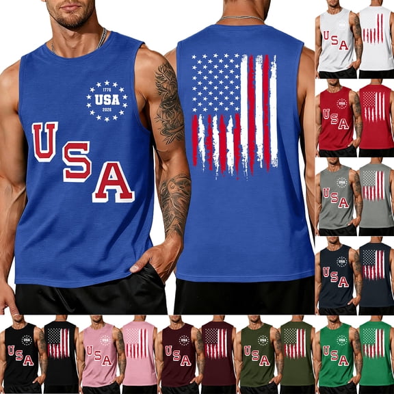 Youpwaven Men's 250th Anniversary USA Muscle Tank Top, 1776-2026 Double-Sided Graphic Tee, Staggered "USA" Front & Distressed Back Flag Performance Shirt, Landmark Year Celebration Vest