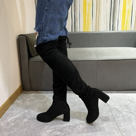 

YUNAFFT Women s Boots Clearance And Winter Fashion Round Toe Chunky Heel Over-the-knee Boots Elastic Mid-heel Fashion Boots