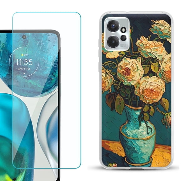 OneToughShield ® for Motorola Moto G Power 5G 2023 Shockproof Fashion Phone Case, with Tempered Glass Screen Protector - Roses in a vase
