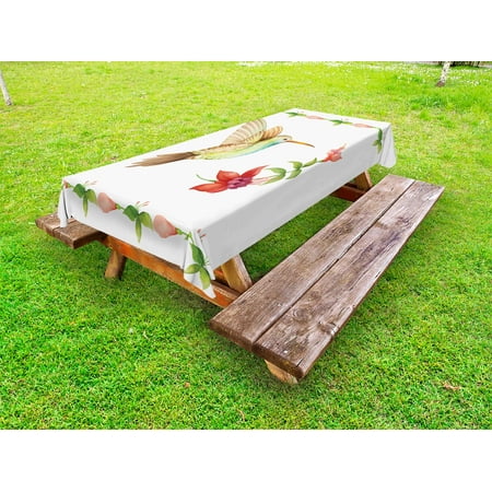 

Hummingbird Outdoor Tablecloth Hummingbird Flying over A Fuchsia Flower Stem Watercolor Effect Art Print Decorative Washable Fabric Picnic Tablecloth 58 X 120 Inches Red and Green by Ambesonne