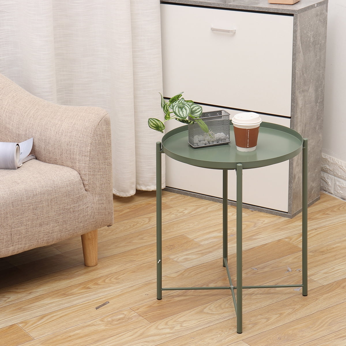 GOTGELIF Tray Metal End Table, Round Folding Tables for Balcony Bedroom Bedside