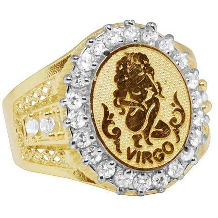 Men's Real 10K Yellow Gold Over Sterling Silver Lab Diamonds Virgo Lucky Zodiac Astrology Pinky Ring